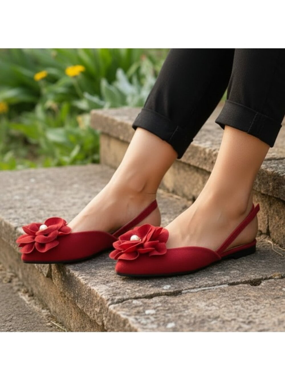 Pearl Flower Pointed Toe d'Orsay Slingback Flats Slip-On Dramatic Ballet Shoes